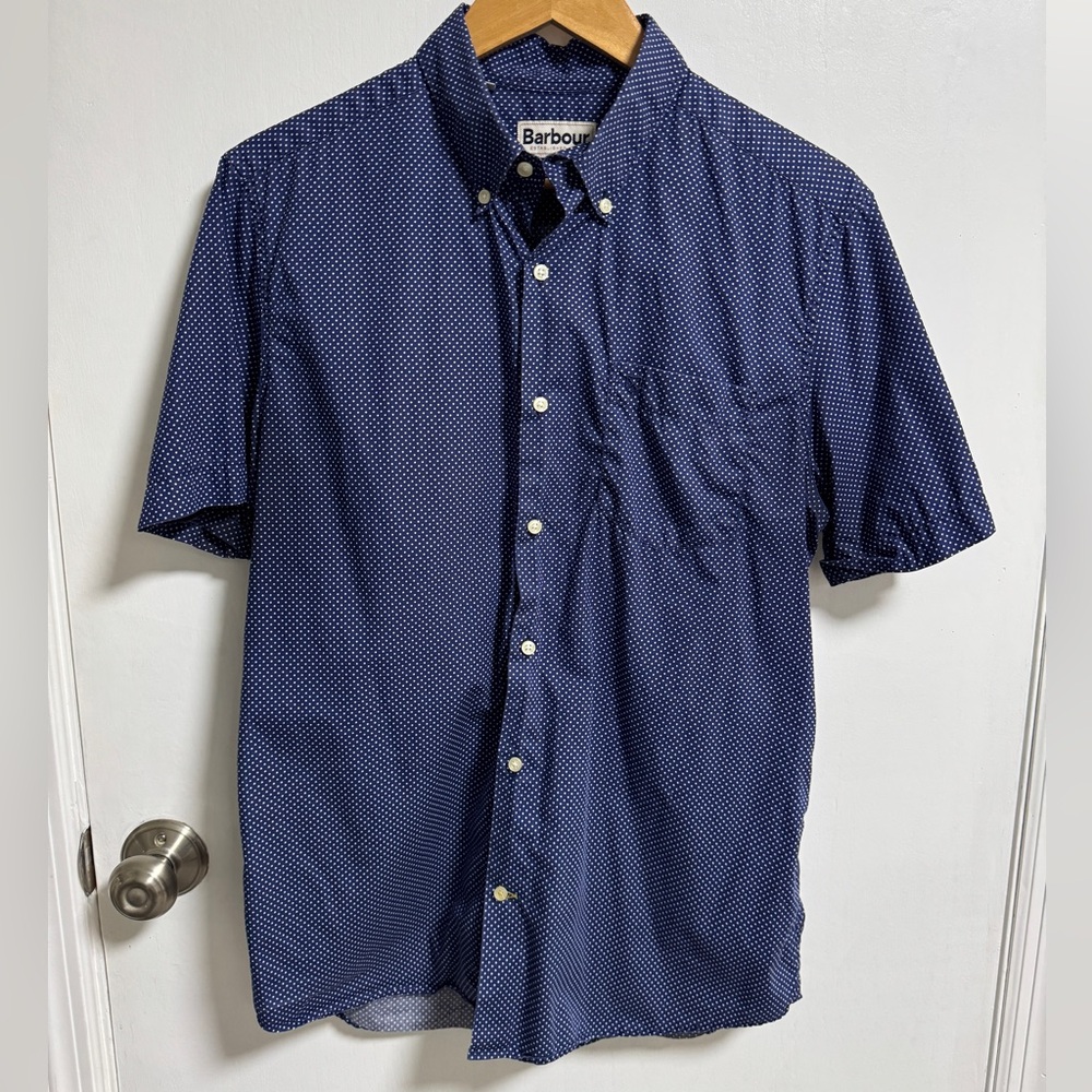 Barbour Button Up Blue Dot Print Short Sleeve Shirt - Small